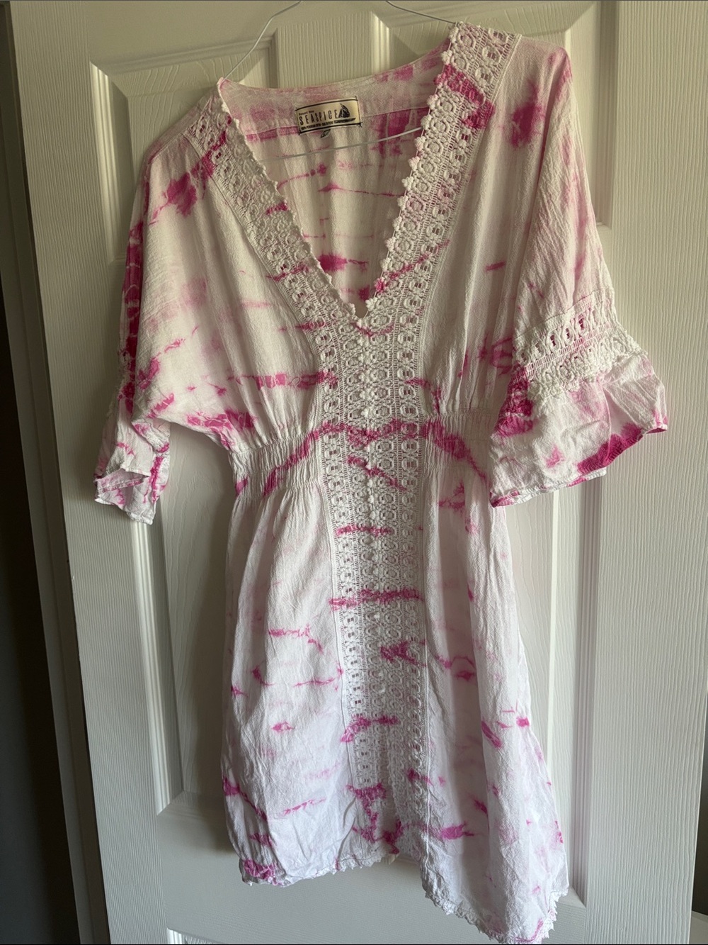 Tularosa Pink Tie-Dye Lace-Trim V-Neck Dress